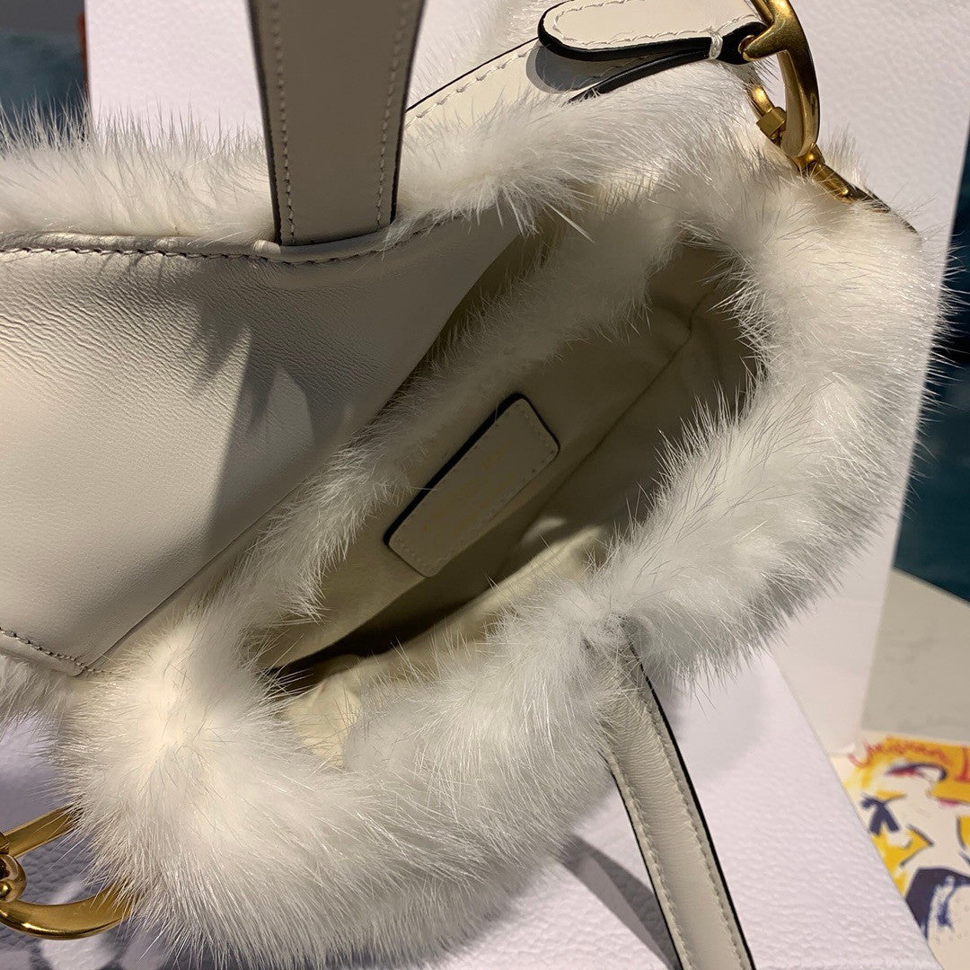Christian Dior Saddle Handbag Fur Medium White