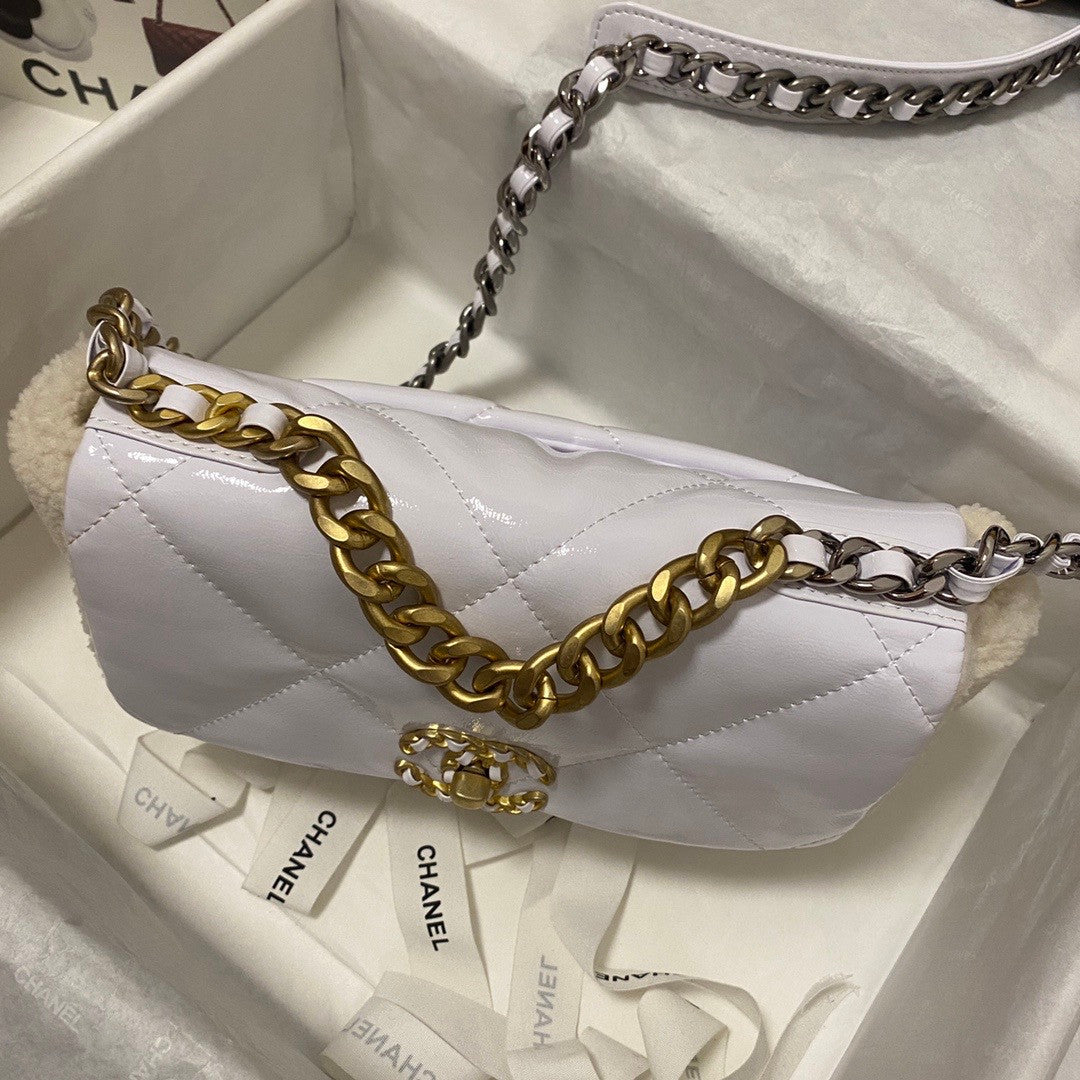 CHANEL 19 HANDBAG White Shearling Lambskin