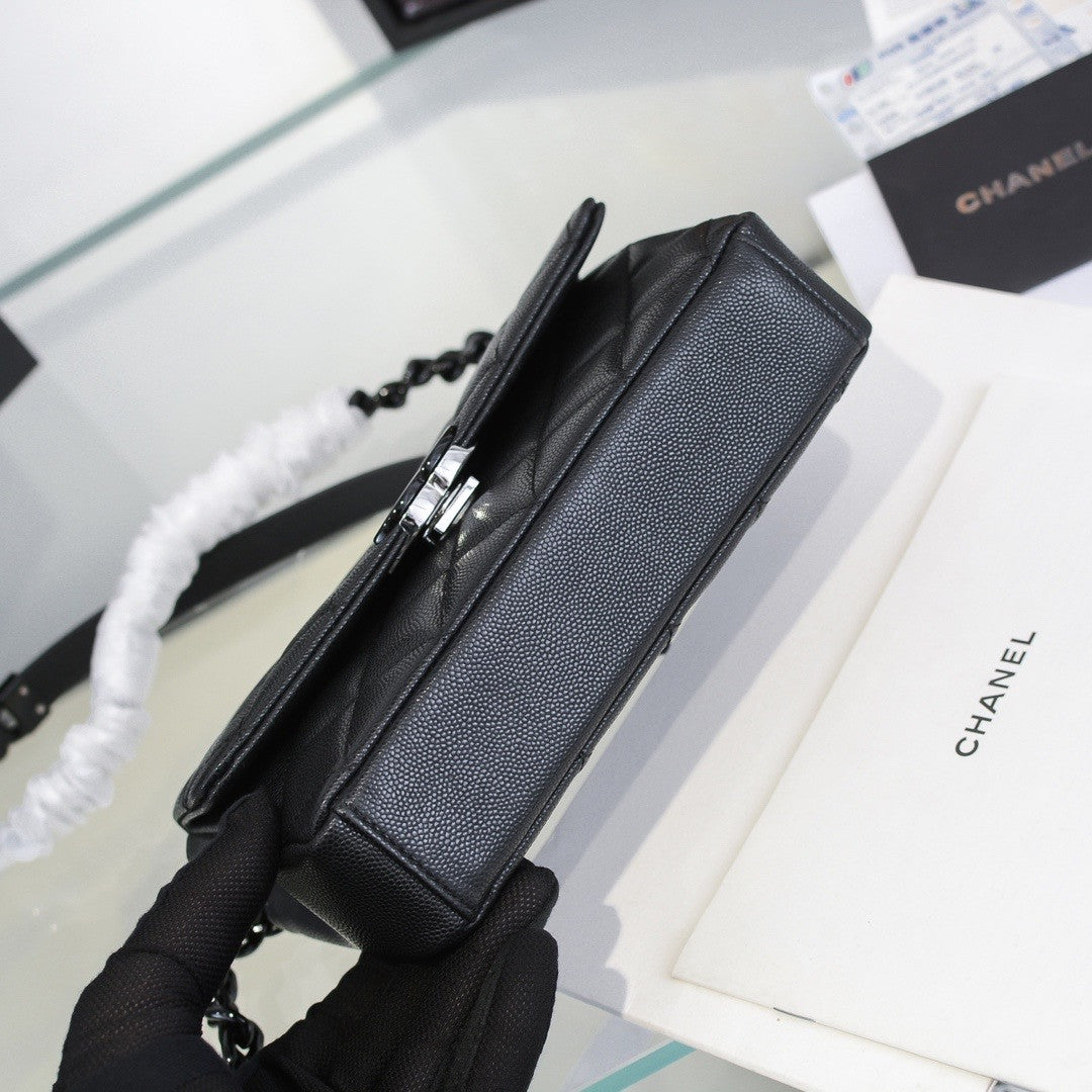 Chanel Small Grained Calfskin Lacquered Logo Flap Bag Black