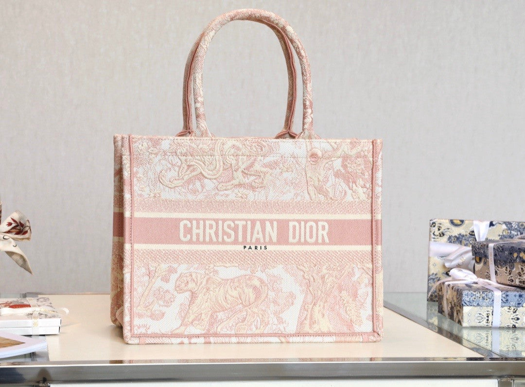 Christian Dior SMALL DIOR BOOK TOTE Pink Multicolor Toile De Jouy Embroidery