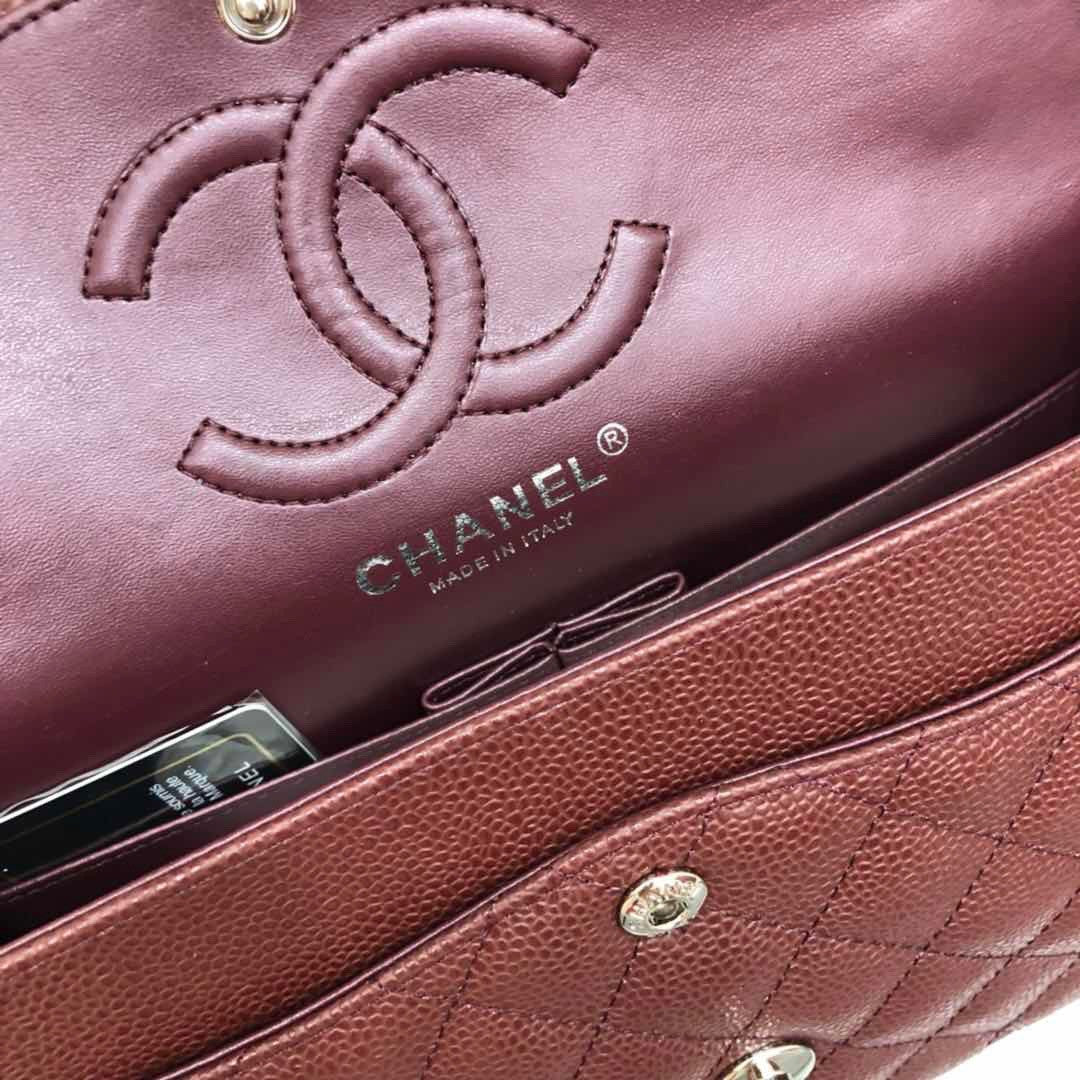 CHANEL Bordeaux Caviar Leather Classic Double Flap 2.55 Shoulder Bag Silver HW 2021