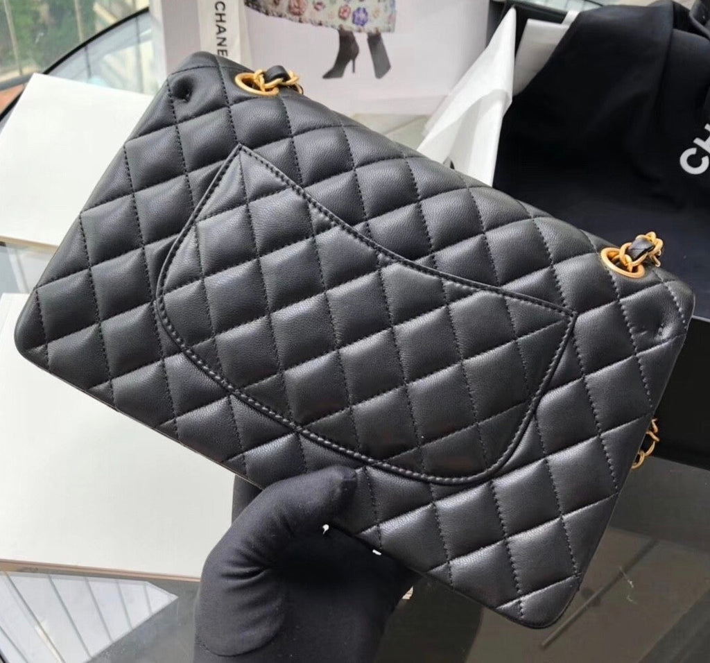 Chanel Black Leather Medium Classic 18K Gold Charms Double Flap Bag