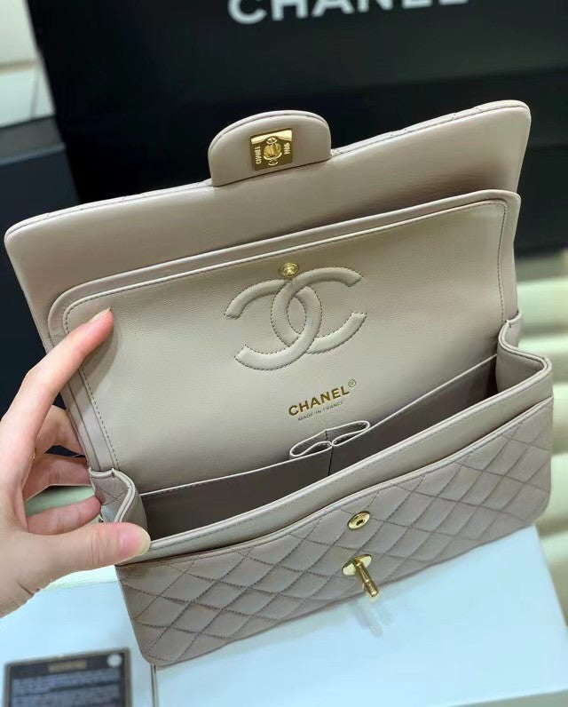 CHANEL  Gris Tourterelle Lambskin Leather Classic Double Flap 2.55 Shoulder Bag With Gold Hardware