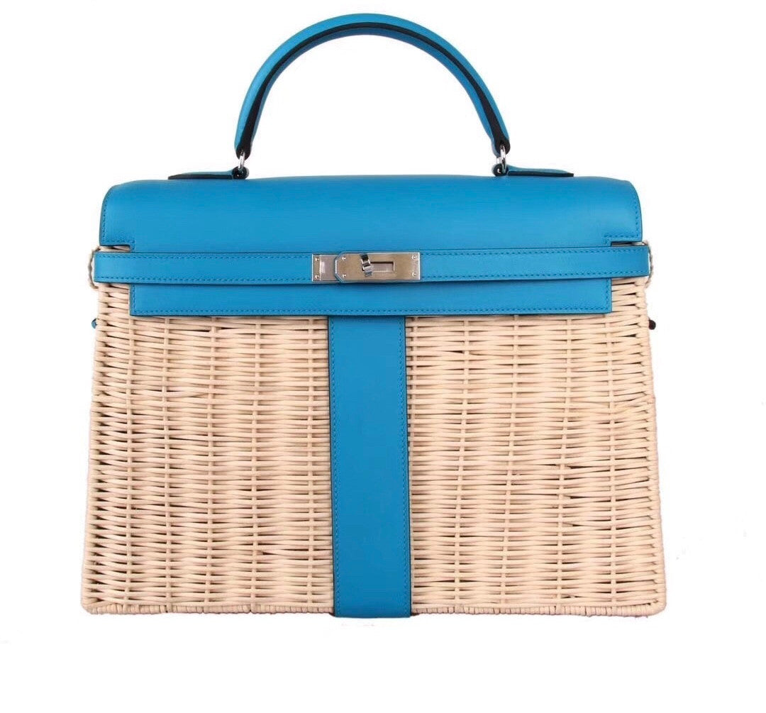 Hermes Limited Edition 3Z Bleu Saint Cyr Picnic Kelly 35 Wicker Palladium Hardware