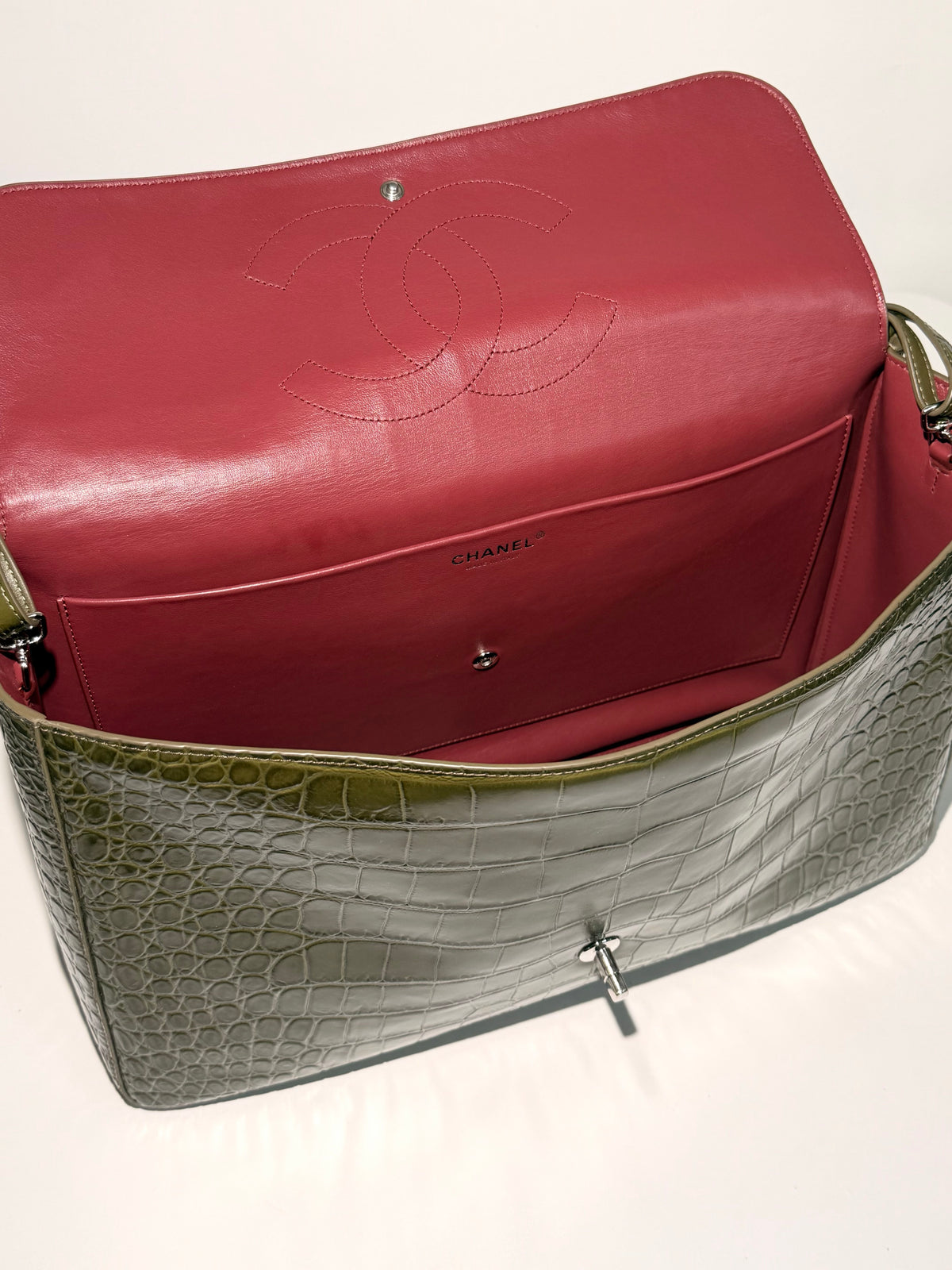 Chanel Olive Green Alligator / Crocodile Classic Maxi Flap Bag – Silver Hardware