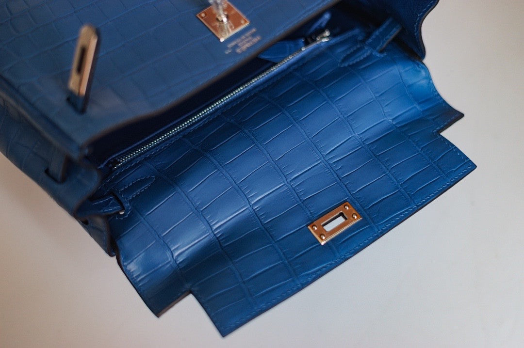 Hermes Blue Hydra NILOTICUS CROCODILE KELLY 25 WITH PALLADIUM  HARDWARE