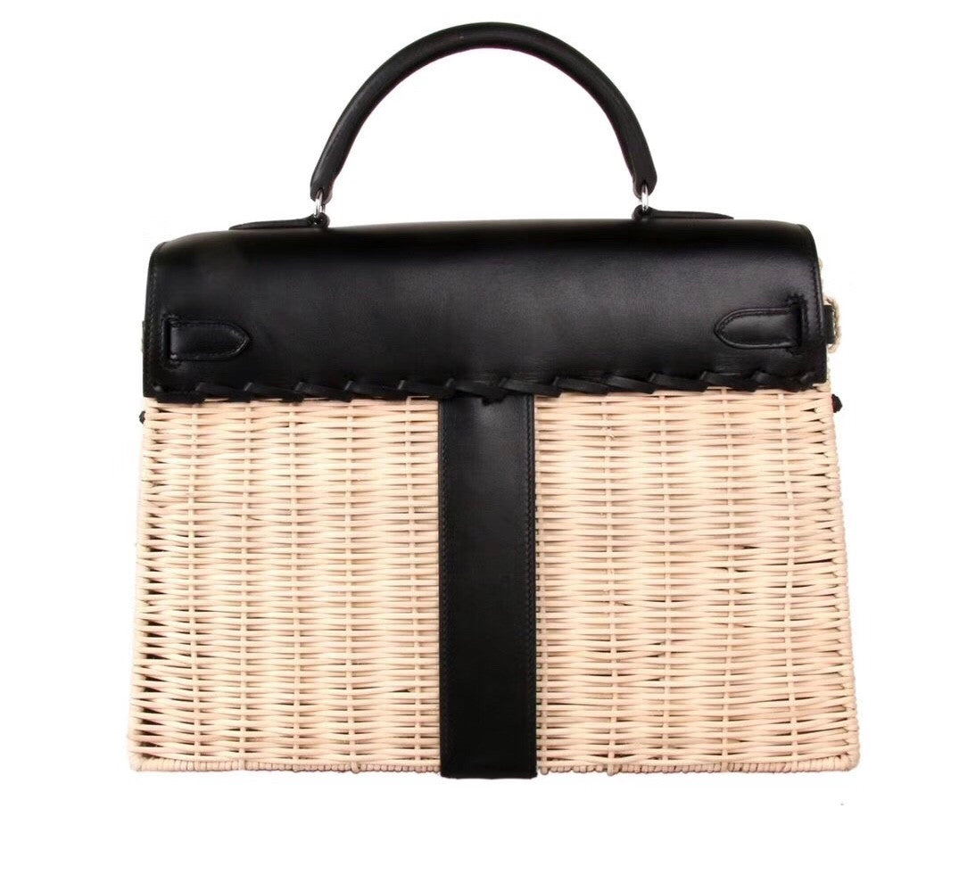 Hermes Limited Edition Black  Picnic Kelly 35 Wicker Palladium Hardware
