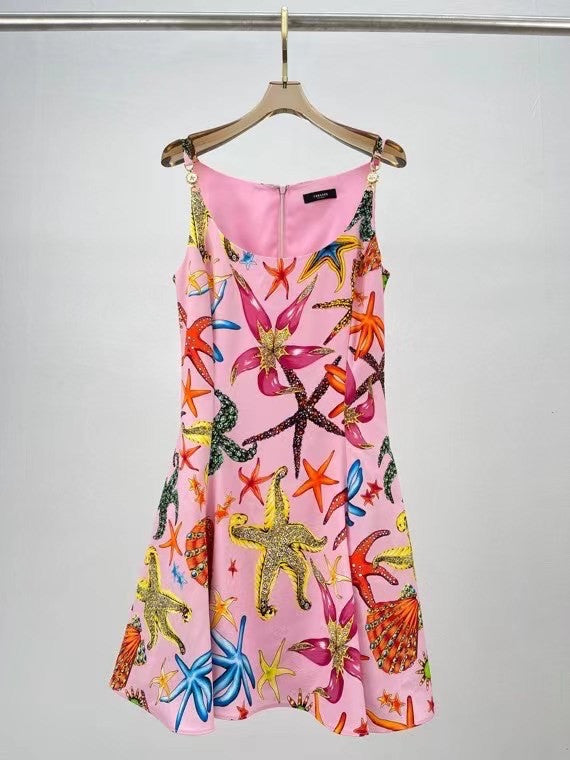 Versace TRÉSOR DE LA MER PRINT MIDI DRESS PINK