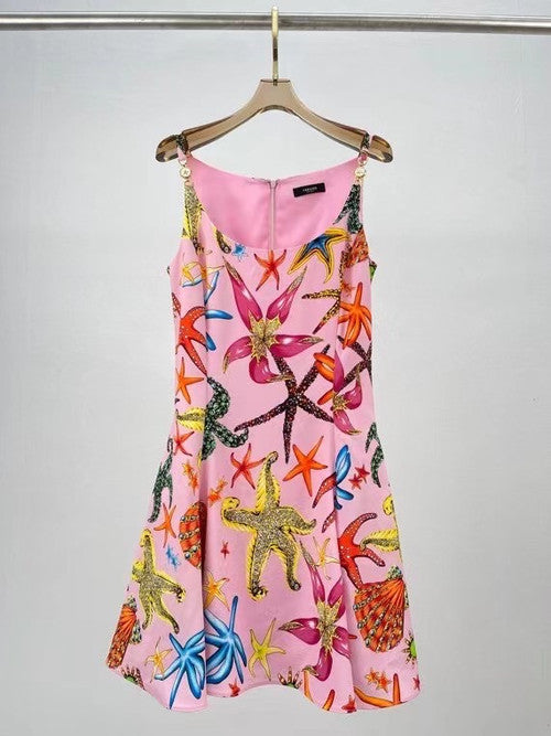 Versace TRÉSOR DE LA MER PRINT MIDI DRESS PINK
