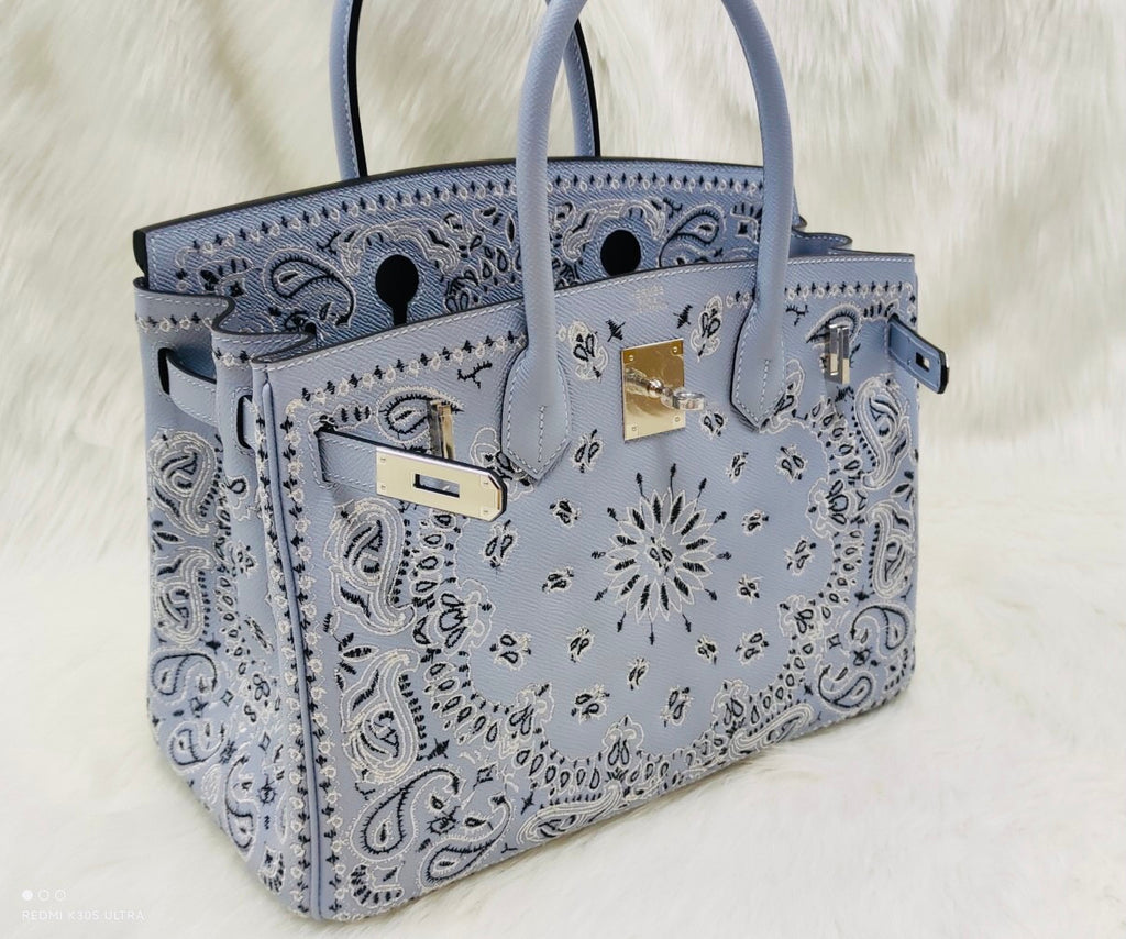 Hermes x Jay Ahr Special Edition custom-embroidering Blue lin Birkin Bag 30cm Epsom Leather Palladium Hardware [Carry by Kylie Jenner, Cardi B]