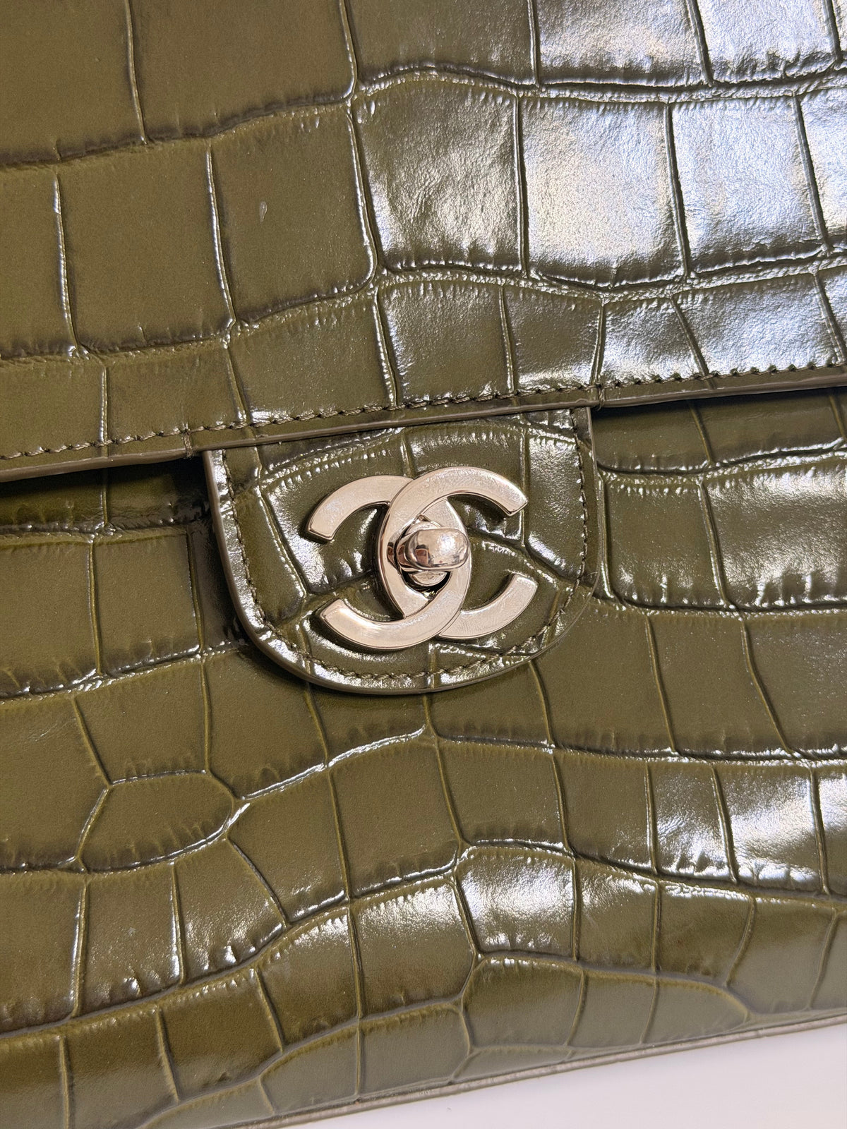 Chanel Olive Green Alligator / Crocodile Classic Maxi Flap Bag – Silver Hardware