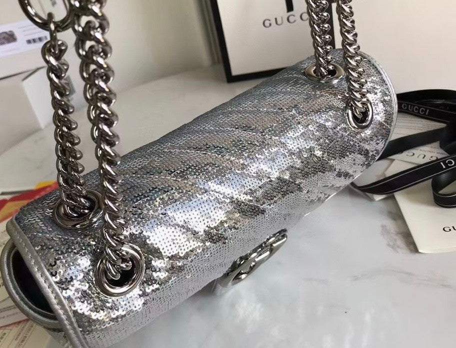 Gucci GG Marmont small Silver sequin shoulder bag