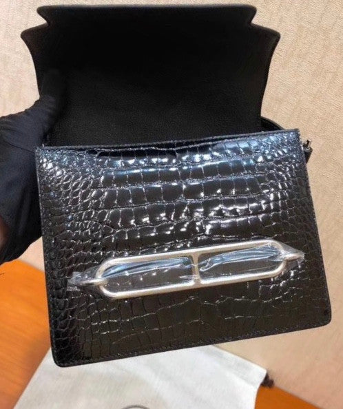 Hermes Noir Shiny Alligator PHW Roulis Mini 18/19 Handbag