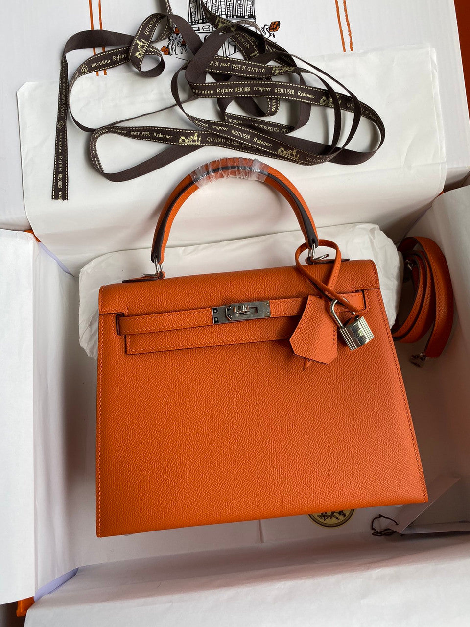 HERMES KELLY 28 SELLIER ORANGE EPSOM PALLADIUM HARDWARE