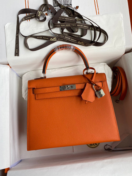 HERMES KELLY 28 SELLIER ORANGE EPSOM PALLADIUM HARDWARE