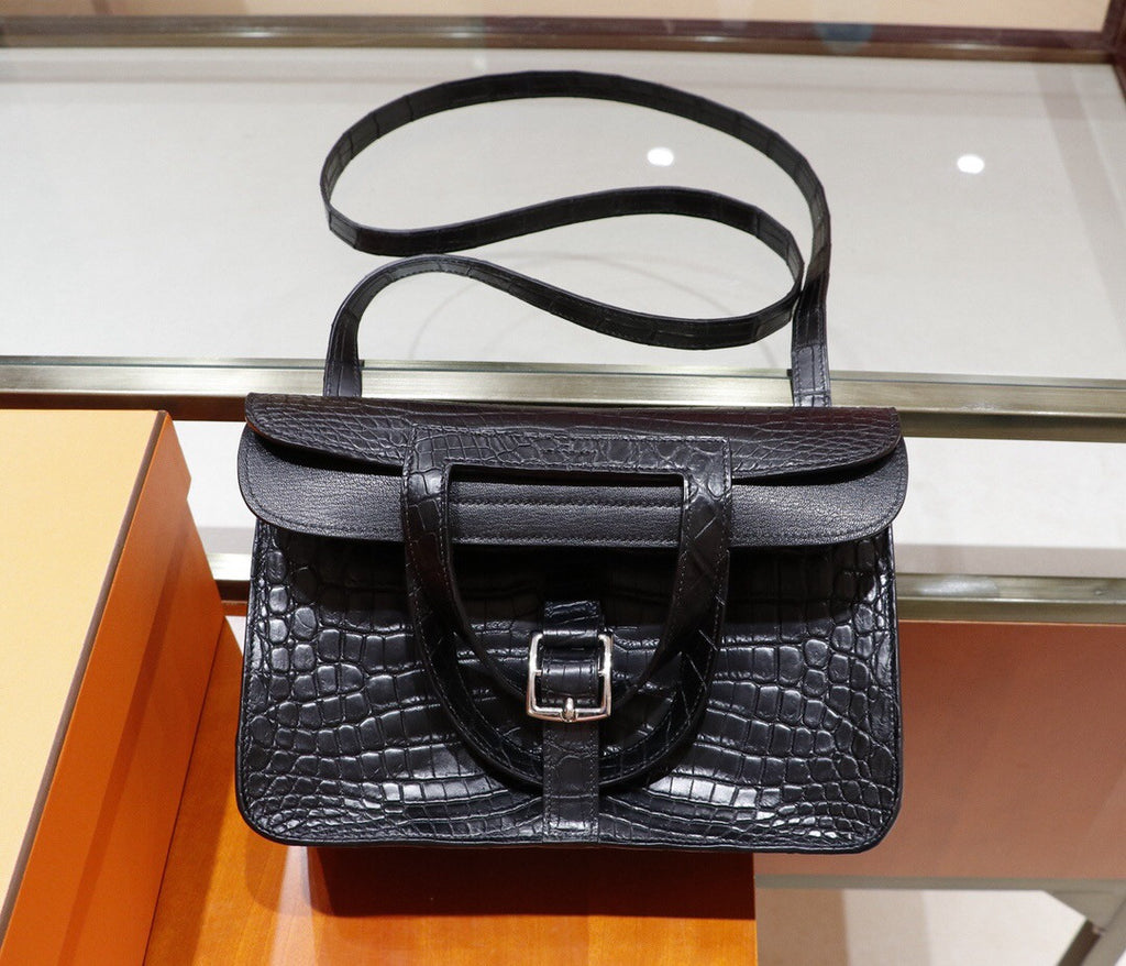 Hermes Halzan 31 cm in Black Niloticus crocodile leather