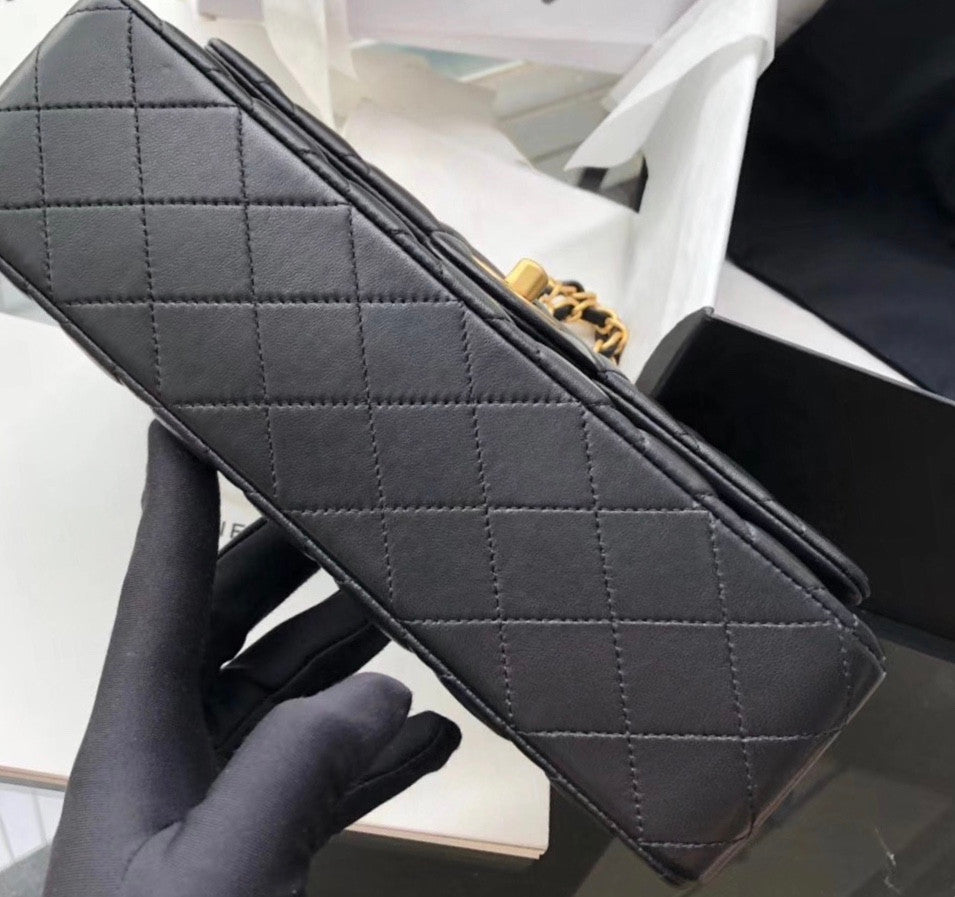 Chanel Black Leather Medium Classic 18K Gold Charms Double Flap Bag