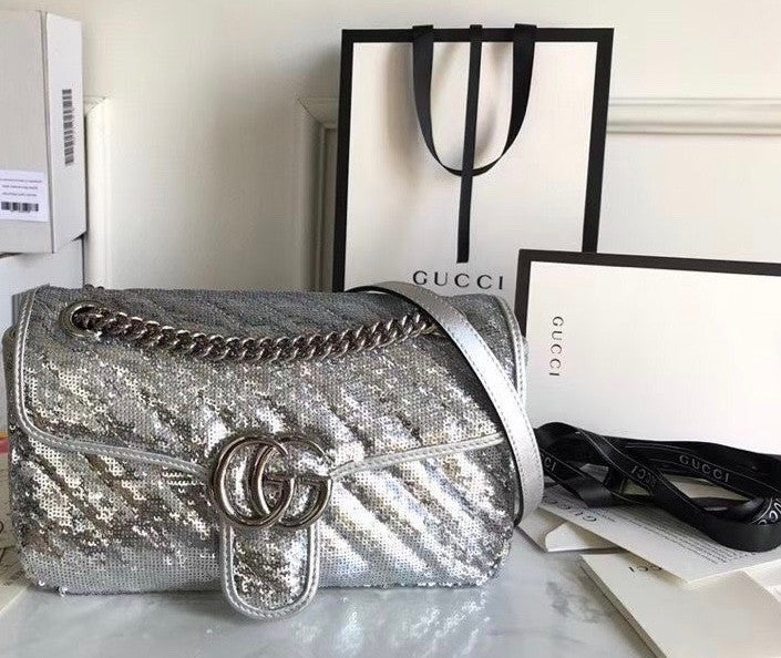 Gucci GG Marmont small Silver sequin shoulder bag