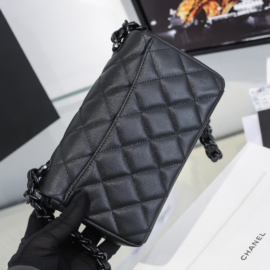 Chanel Small Grained Calfskin Lacquered Logo Flap Bag Black