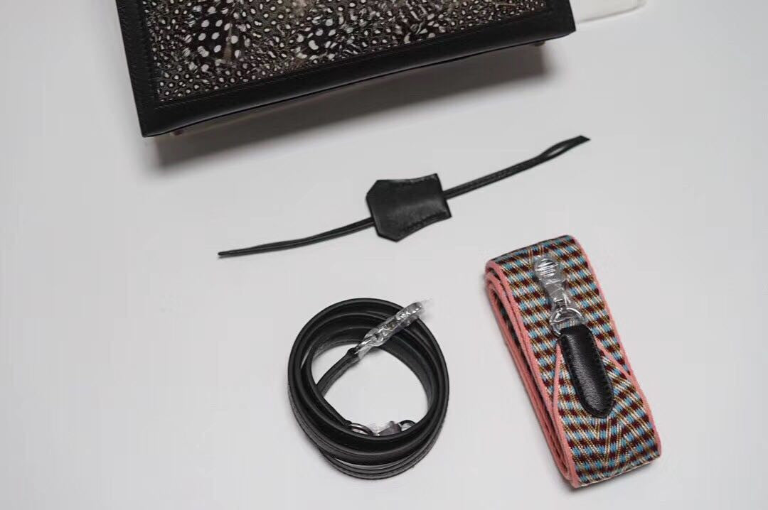 Hermes  FEATHER KELLY 32 Black Peacock feather & Box Leather with Palladium Hardware