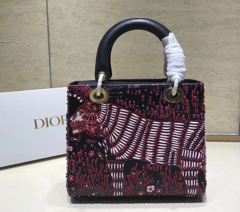 Christian Dior FUCHSIA LADY DIOR MEDIUM DIOR ANIMALS EMBROIDERED SMOOTH CALFSKIN BAG