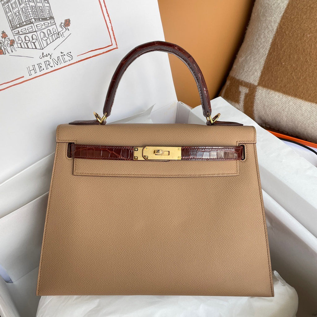HERMES KELLY 28 TOUCH CHAI EPSOM/ALLIGATOR GOLD HARDWARE
