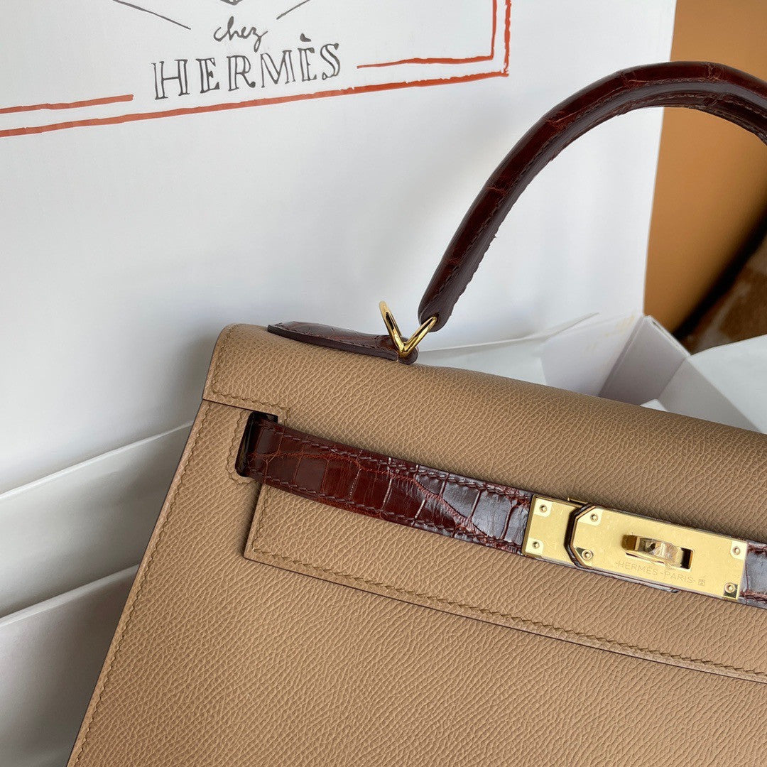 HERMES KELLY 28 TOUCH CHAI EPSOM/ALLIGATOR GOLD HARDWARE