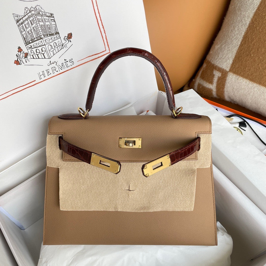 HERMES KELLY 28 TOUCH CHAI EPSOM/ALLIGATOR GOLD HARDWARE