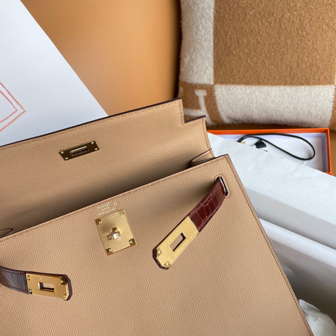 HERMES KELLY 28 TOUCH CHAI EPSOM/ALLIGATOR GOLD HARDWARE