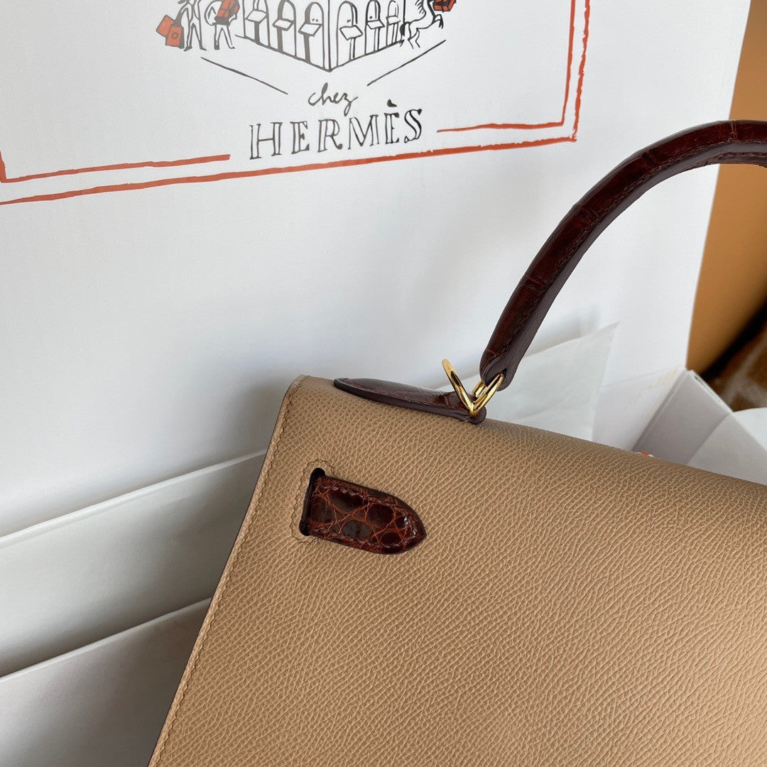 HERMES KELLY 28 TOUCH CHAI EPSOM/ALLIGATOR GOLD HARDWARE