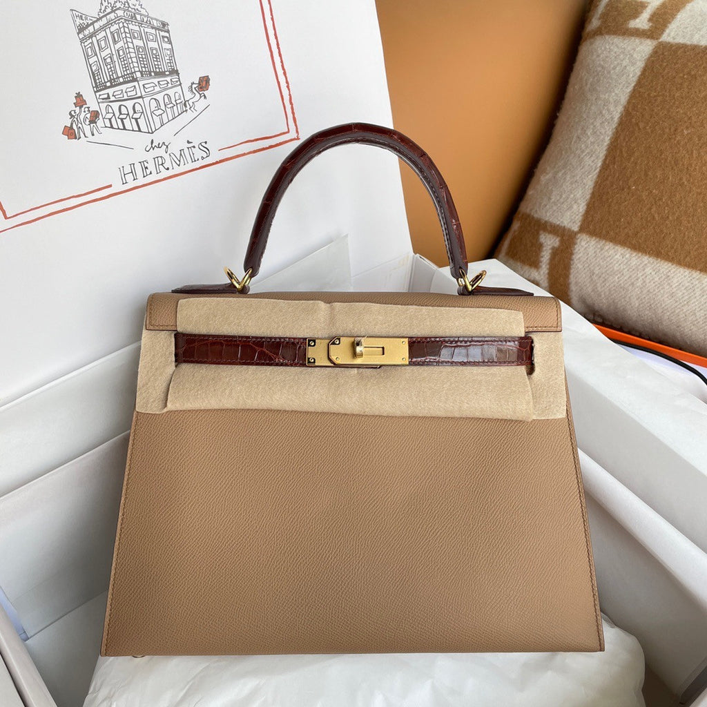 HERMES KELLY 28 TOUCH CHAI EPSOM/ALLIGATOR GOLD HARDWARE