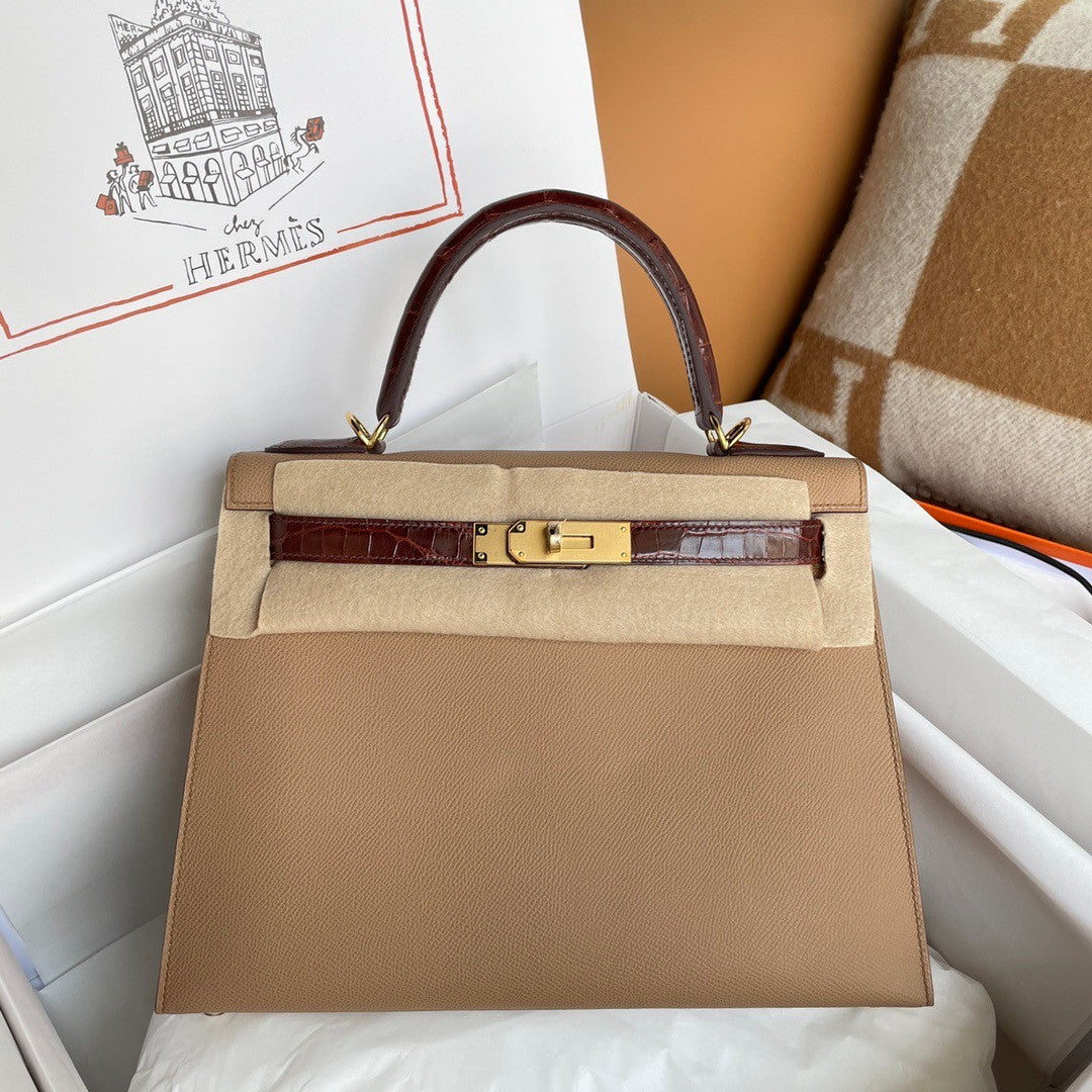 HERMES KELLY 28 TOUCH CHAI EPSOM/ALLIGATOR GOLD HARDWARE