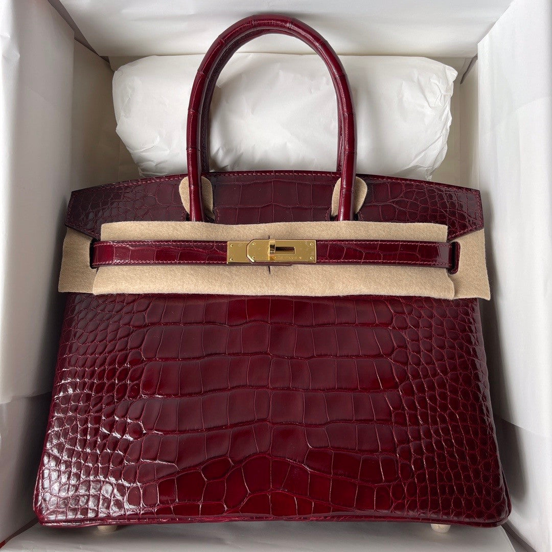 HERMES BIRKIN 30 BAG BORDEAUX ALLIGATOR GOLD HARDWARE