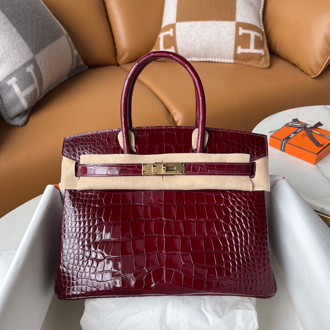 HERMES BIRKIN 30 BAG BORDEAUX ALLIGATOR GOLD HARDWARE