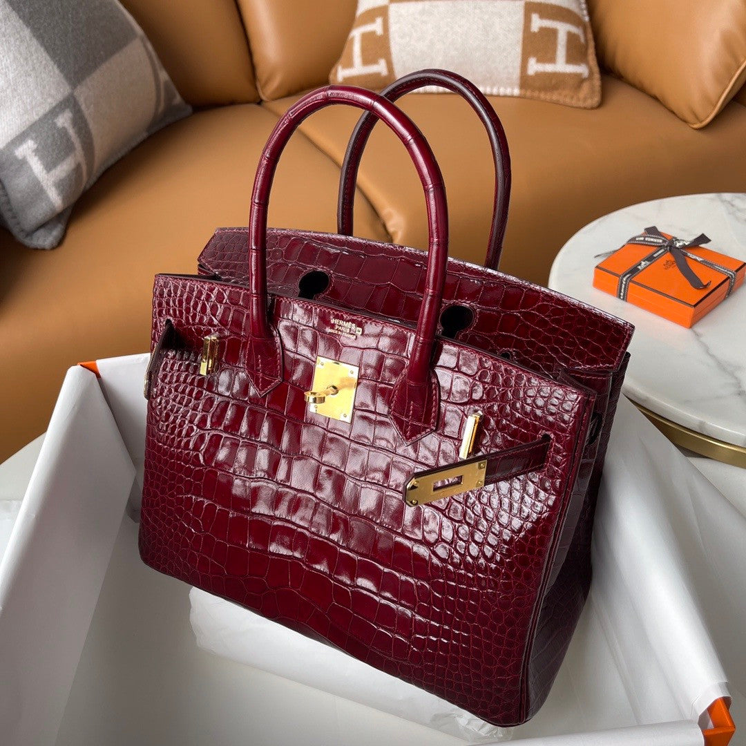 HERMES BIRKIN 30 BAG BORDEAUX ALLIGATOR GOLD HARDWARE