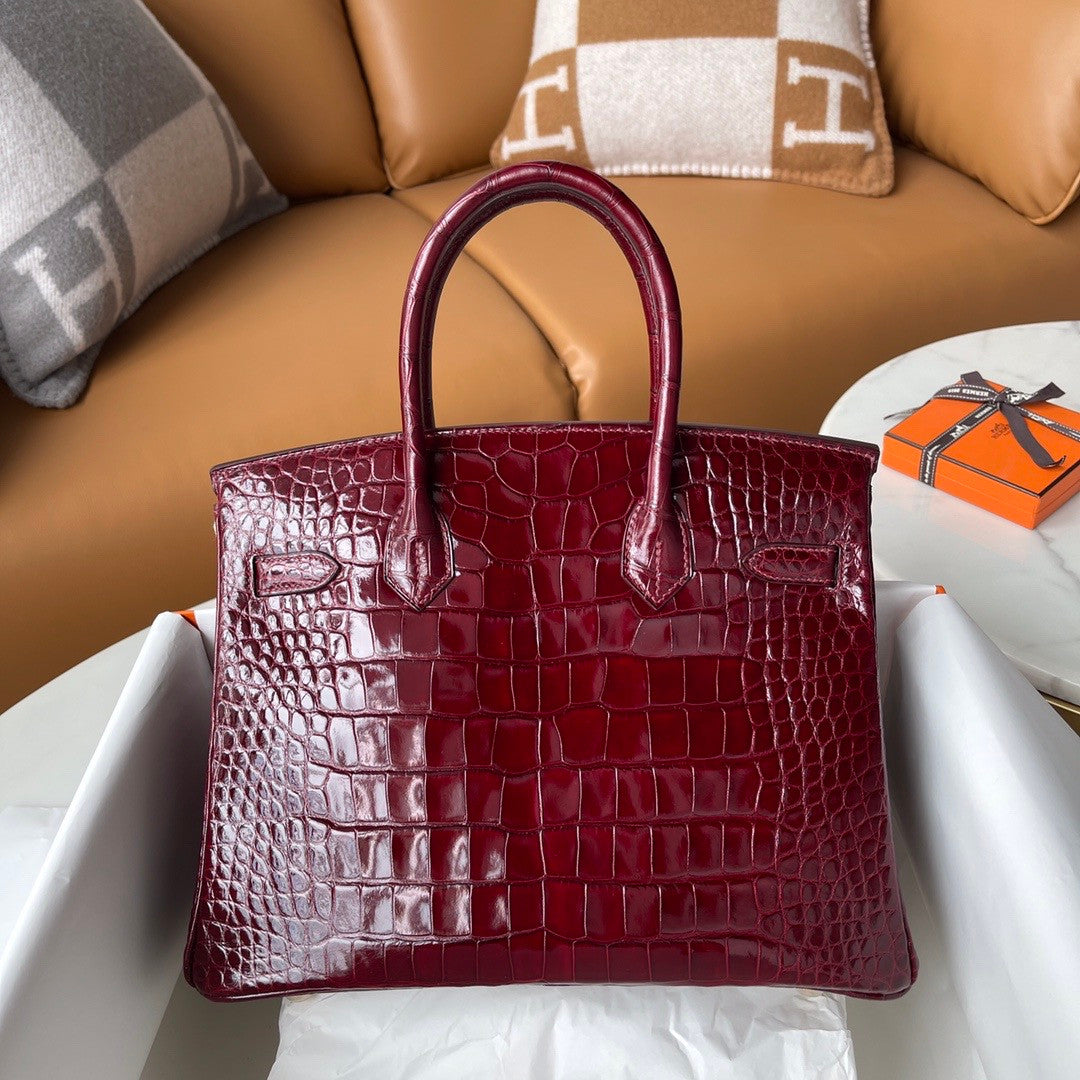 HERMES BIRKIN 30 BAG BORDEAUX ALLIGATOR GOLD HARDWARE