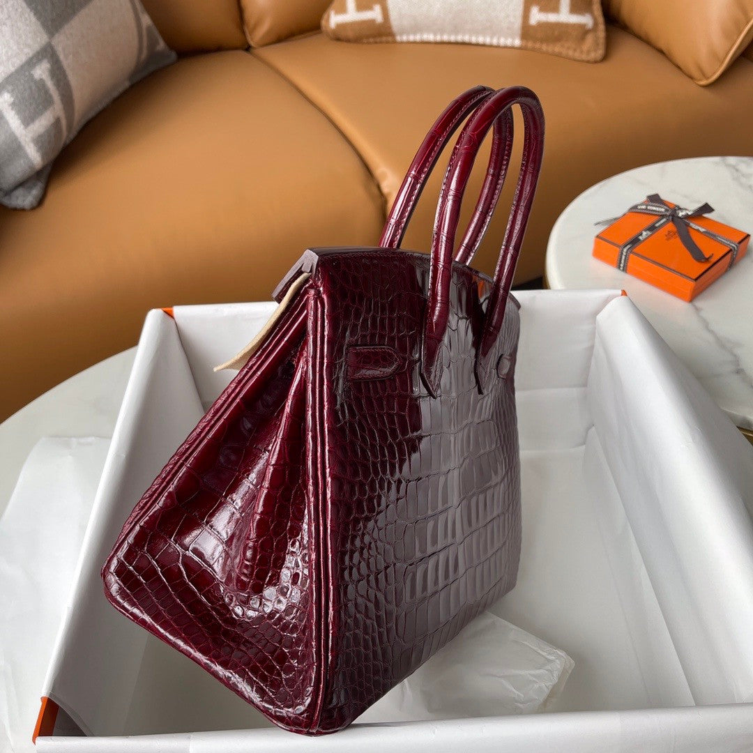 HERMES BIRKIN 30 BAG BORDEAUX ALLIGATOR GOLD HARDWARE