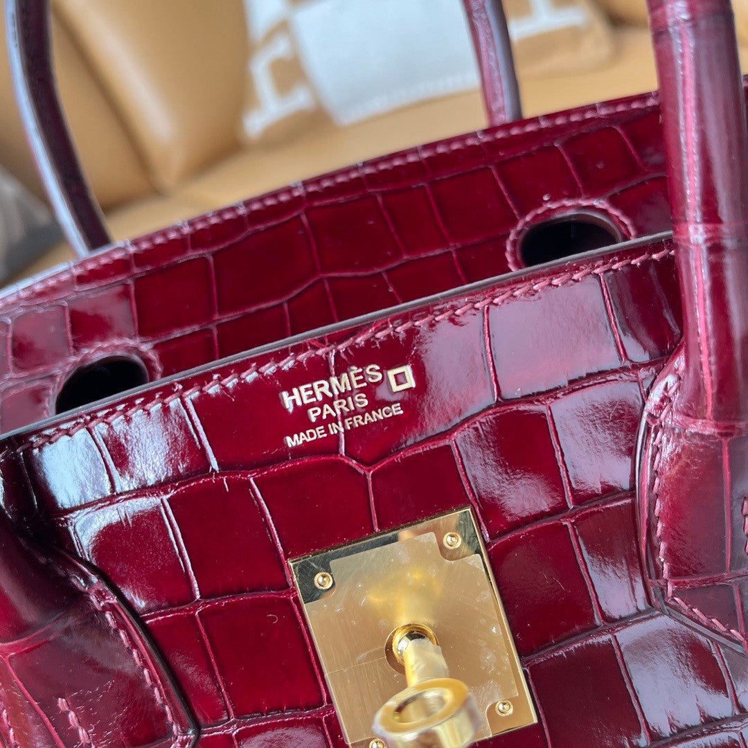 HERMES BIRKIN 30 BAG BORDEAUX ALLIGATOR GOLD HARDWARE