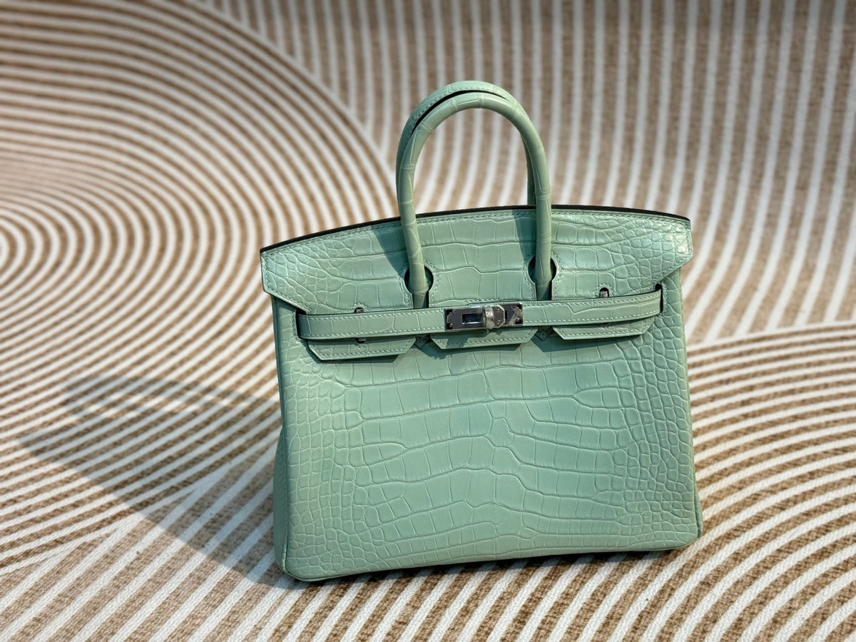Hermes Mint Birkin Bag 25cm Alligator Palladium Hardware
