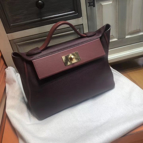 Hermes Kelly 24/24  Bordeaux & Rouge  Swift & Togo Leather with Gold Hardware