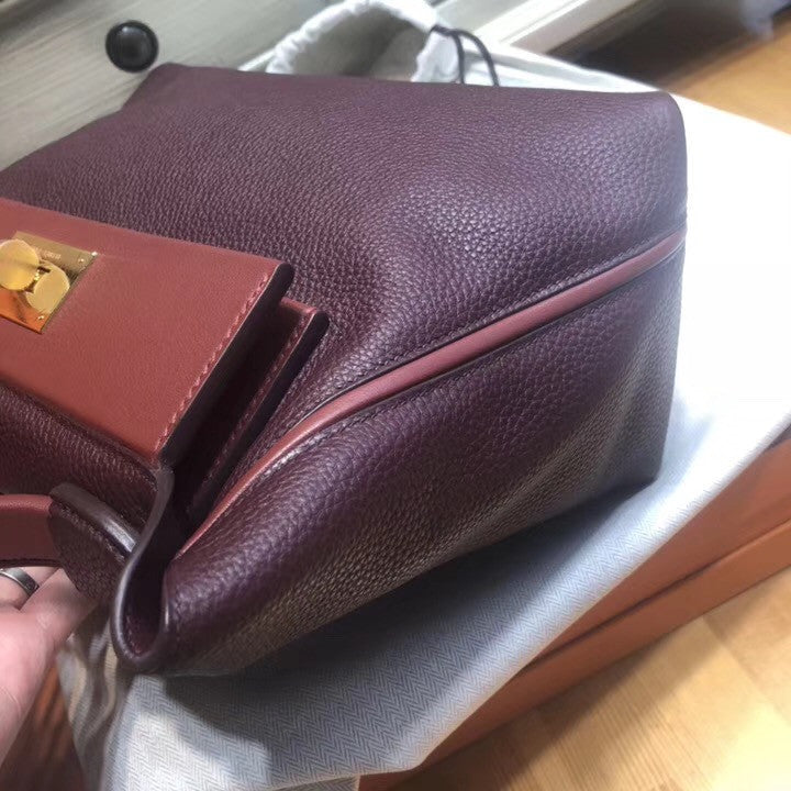 Hermes Kelly 24/24  Bordeaux & Rouge  Swift & Togo Leather with Gold Hardware