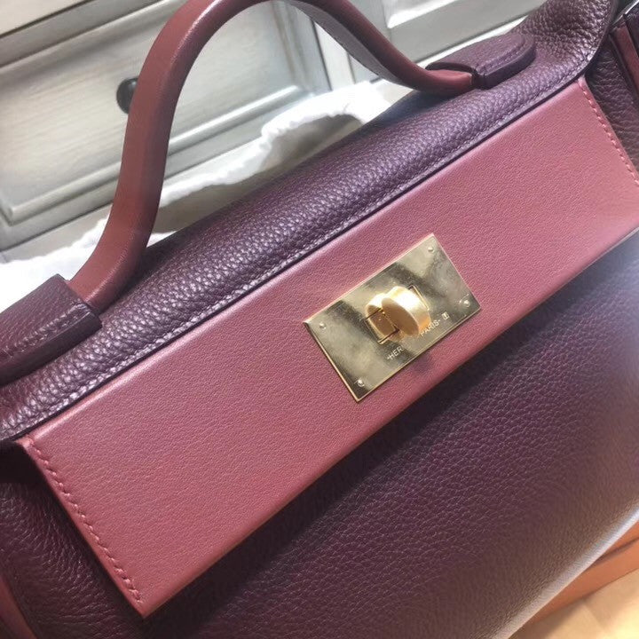Hermes Kelly 24/24  Bordeaux & Rouge  Swift & Togo Leather with Gold Hardware