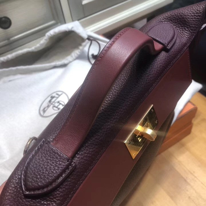 Hermes Kelly 24/24  Bordeaux & Rouge  Swift & Togo Leather with Gold Hardware