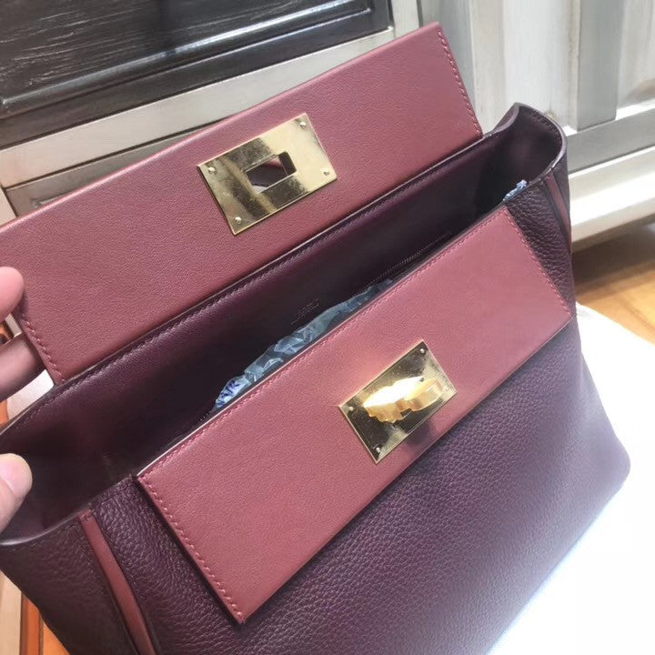 Hermes Kelly 24/24  Bordeaux & Rouge  Swift & Togo Leather with Gold Hardware
