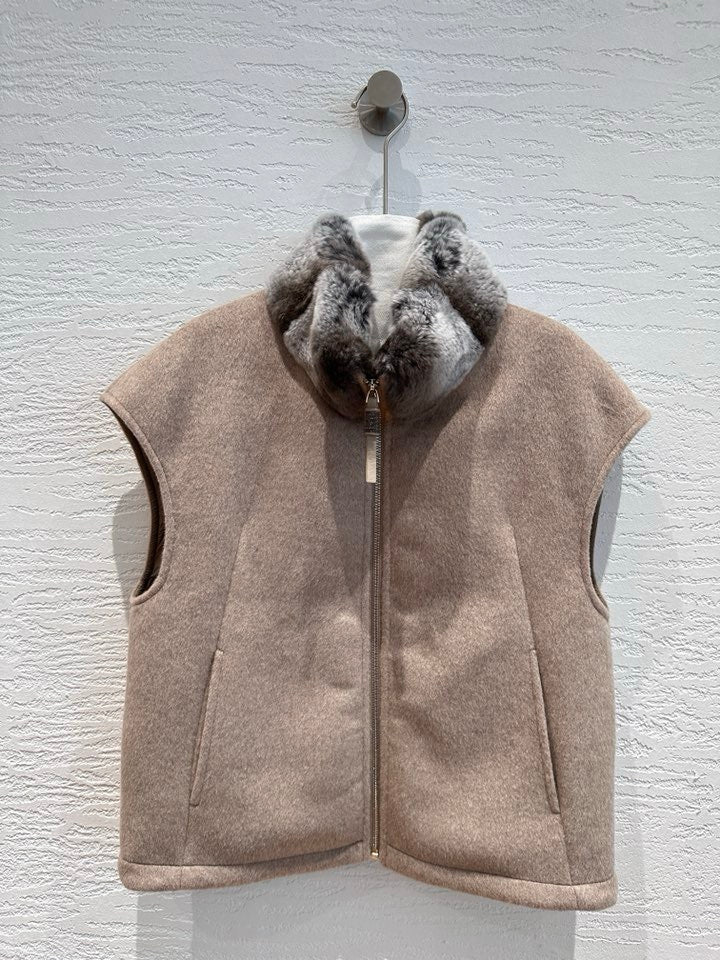 Brunello Cucinelli cashmere goose down vest in taupe greige with chinchilla-pattern fur collar