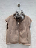 Brunello Cucinelli cashmere goose down vest in taupe greige with chinchilla-pattern fur collar