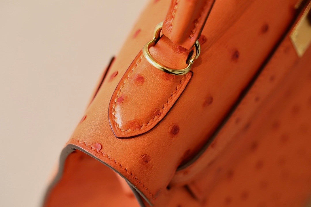Hermes Kelly 28 Sellier Orange Ostrich Gold Hardware