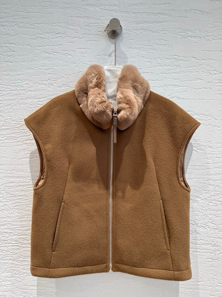 Brunello Cucinelli cashmere goose down vest in camel with chinchilla-pattern fur collar