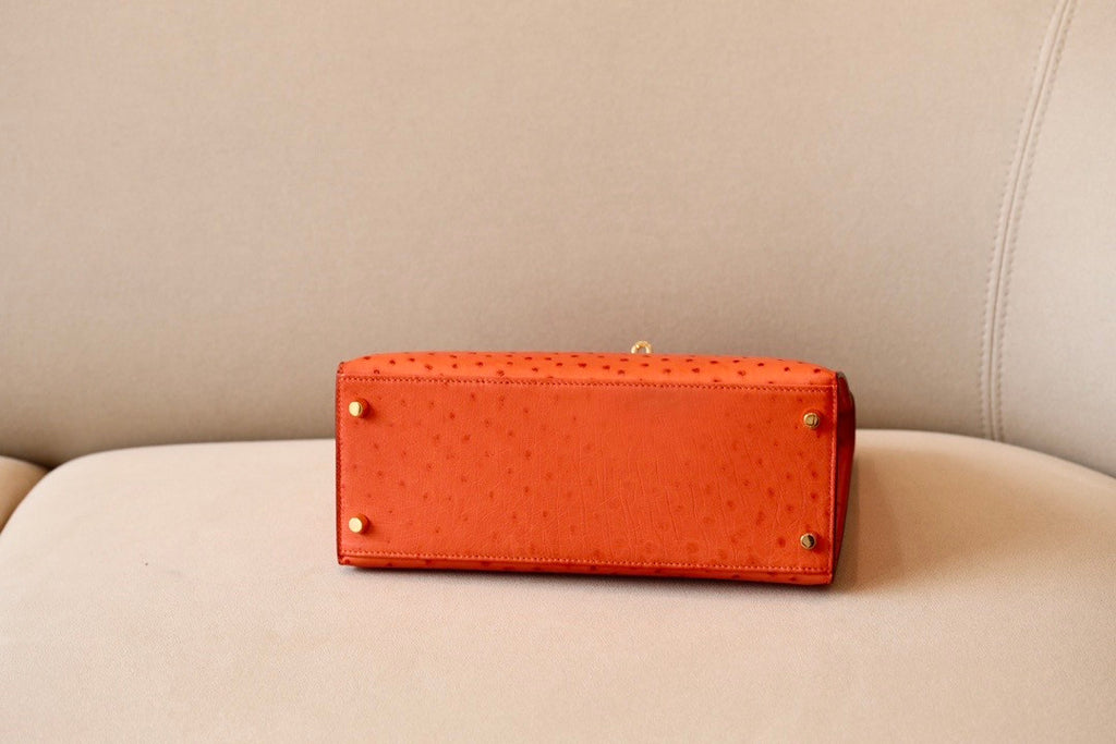 Hermes Kelly 28 Sellier Orange Ostrich Gold Hardware