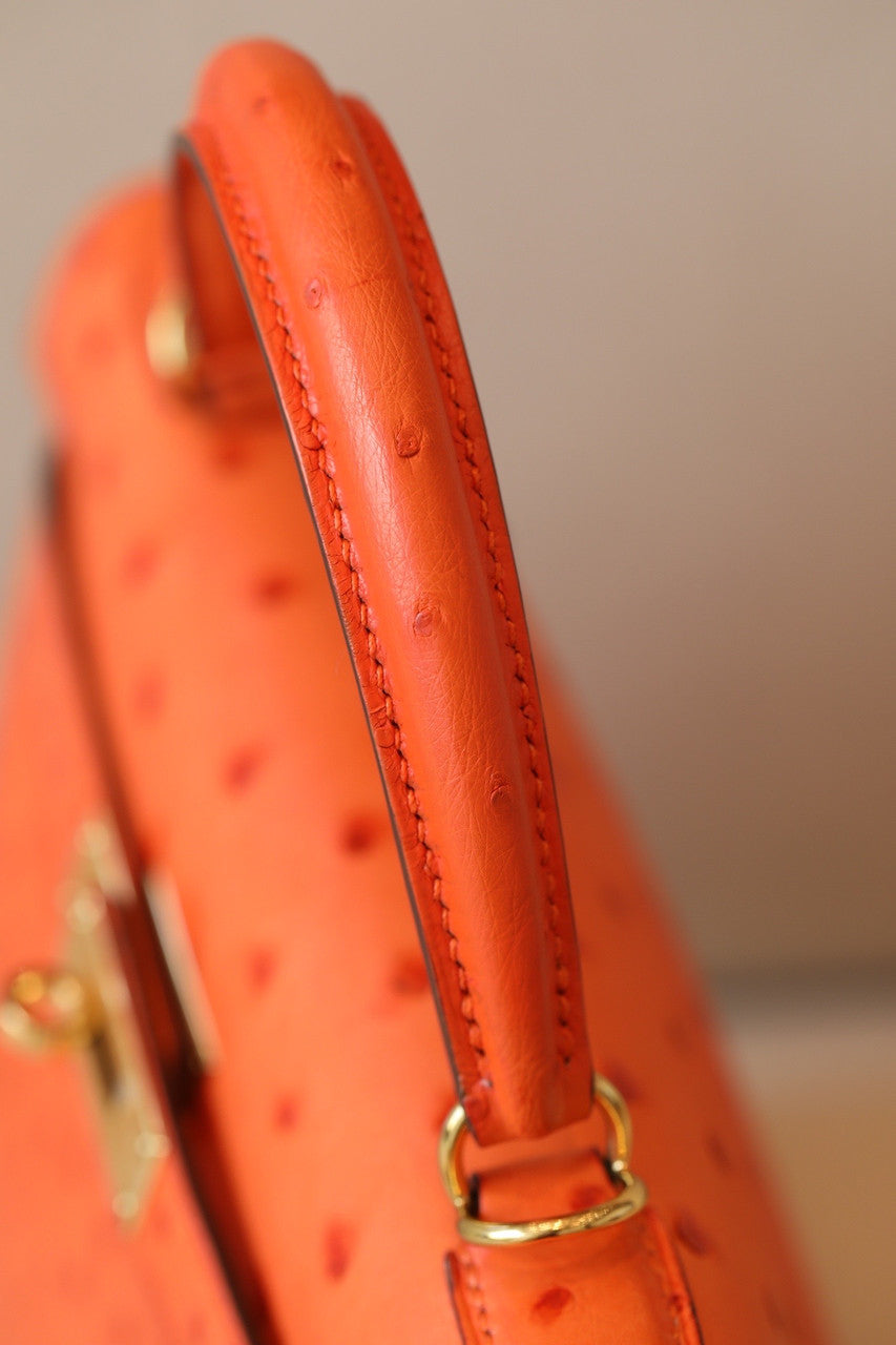 Hermes Kelly 28 Sellier Orange Ostrich Gold Hardware
